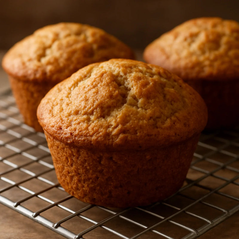 Golden-brown jowar banana muffins on a wire cooling rack with domed cracked tops