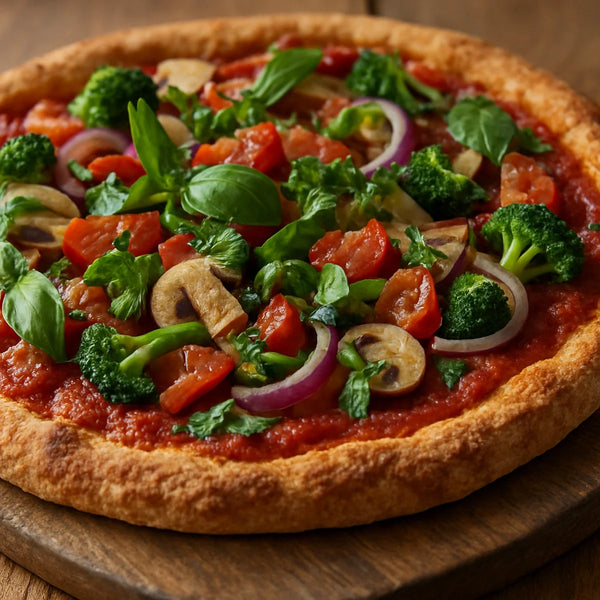 Baked jowar pizza base with tomato sauce, vegetables and fresh herbs on a wooden board