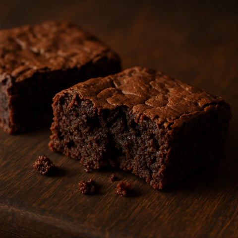 Fudgy dark brown khapli chocolate brownie squares on a dark board with one broken to show moist interior