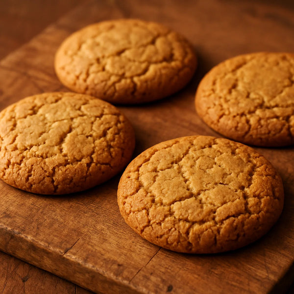 Golden-brown khapli honey cardamom cookies on a warm wooden board with cracked rustic surface