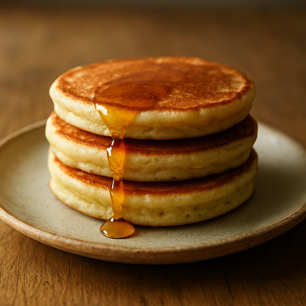 Stack of golden-brown khapli overnight pancakes on a ceramic plate with honey drizzle