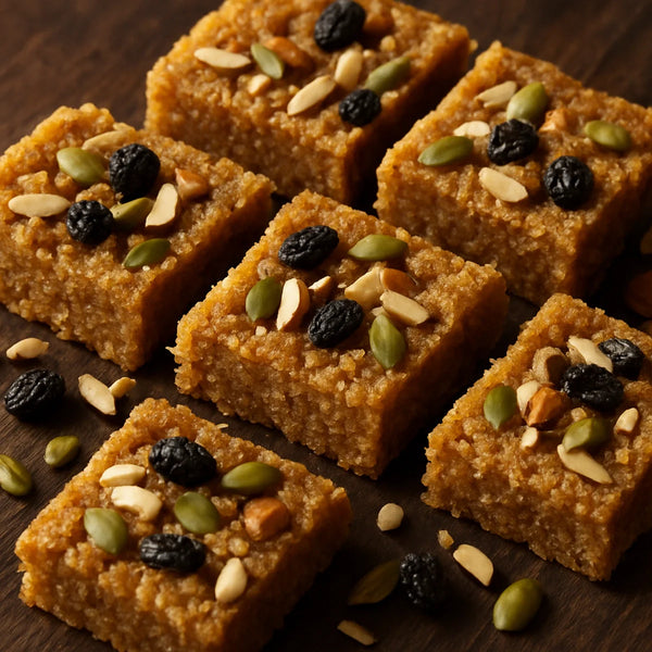 Finished khapli panjiri squares on a dark wooden board scattered with dry fruits and seeds