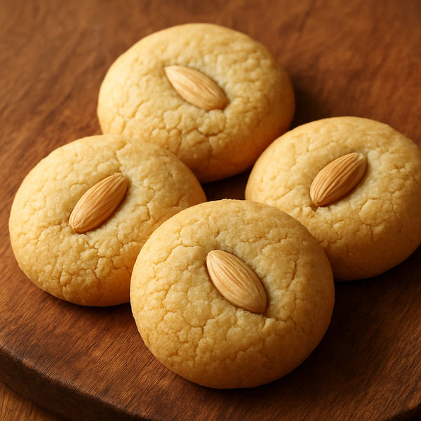 Pale golden mamra almond flour cookies on a wooden board with almond slivers pressed on top