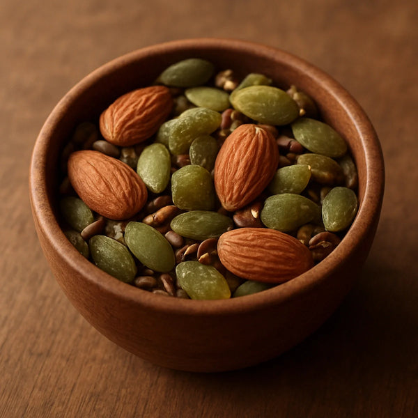 Spiced mamra trail mix with whole almonds, pumpkin seeds, dried olive-green amla pieces and flax seeds in a wooden bowl
