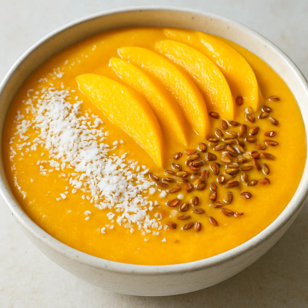 Thick orange-yellow mango chia smoothie bowl topped with fresh mango slices, coconut flakes and flax seeds