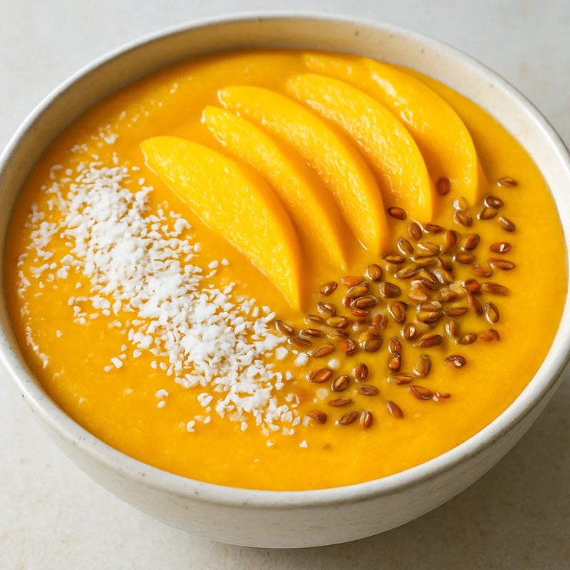 Thick orange-yellow mango chia smoothie bowl topped with fresh mango slices, coconut flakes and flax seeds