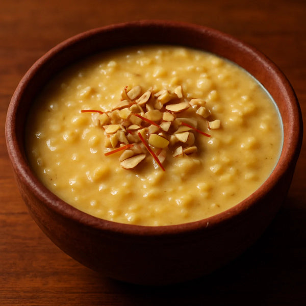 Creamy pale golden-brown medjool date kheer in a clay bowl with saffron strands and almond garnish