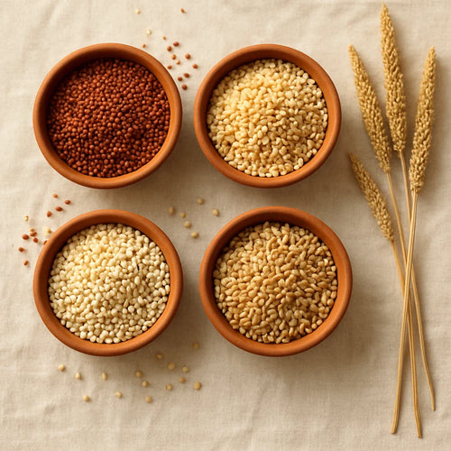 Four Indian millets - ragi, jowar, bajra, and barley - in terracotta bowls showing grain diversity