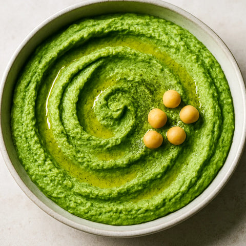 Vivid green moringa hummus in a wide shallow bowl with oil drizzle, moringa dusting and chickpea garnish