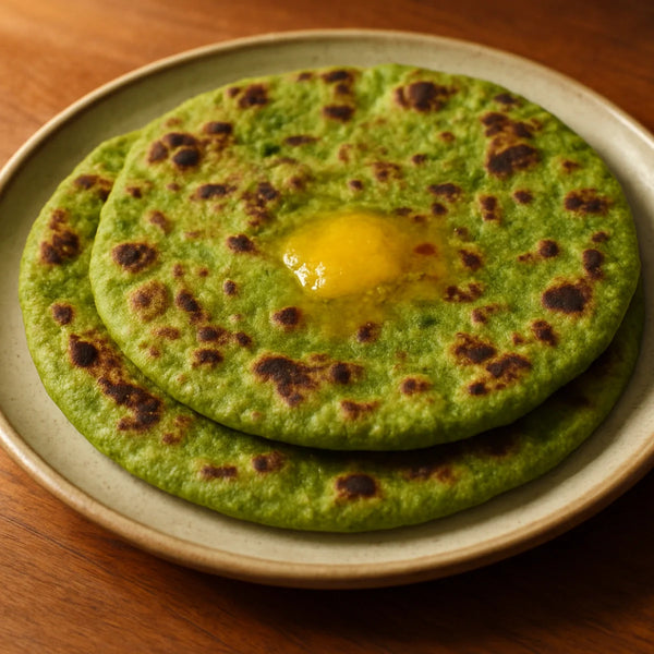 Two vivid green moringa parathas on a ceramic plate with golden ghee melting on top
