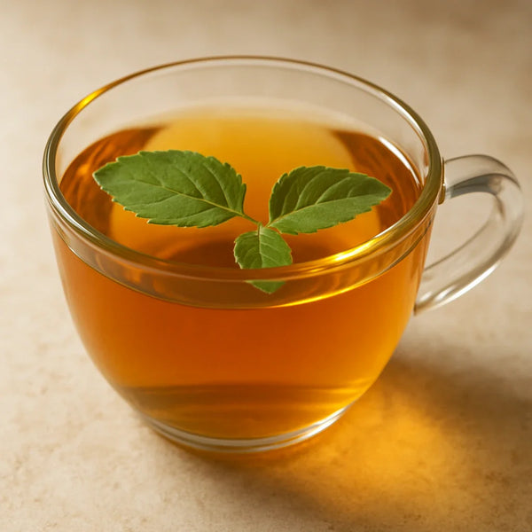 Golden amber mulethi tulsi honey tea in a clay cup with fresh tulsi leaves