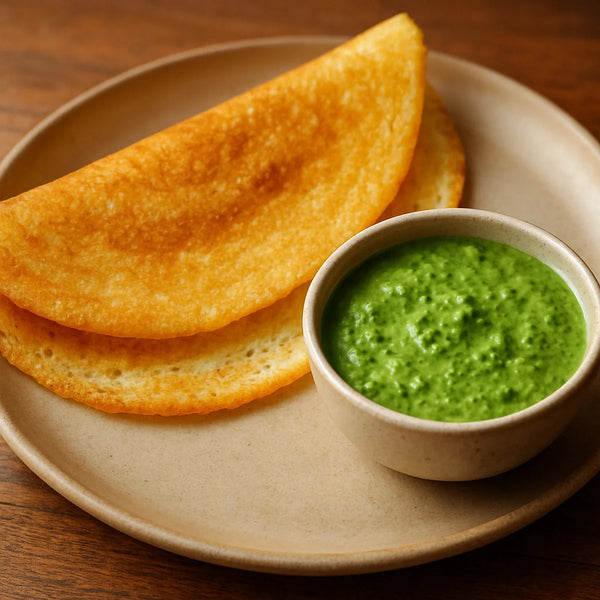 Golden crispy multigrain dosa on a ceramic plate with vivid green moringa coconut chutney
