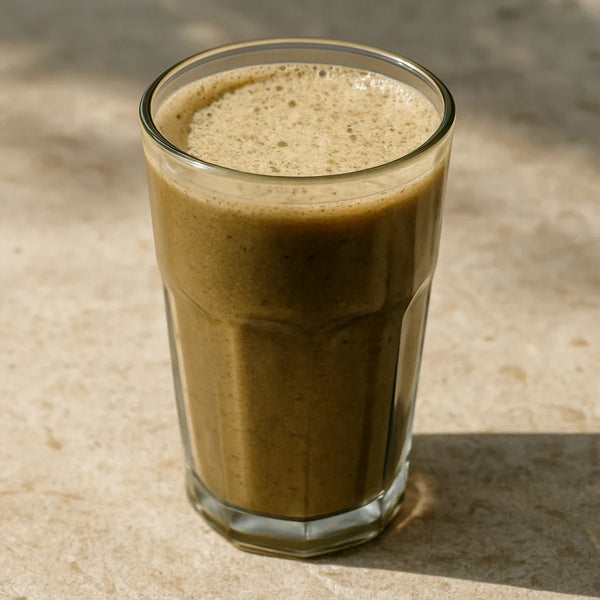 Tall glass of earthy green-brown multigrain sattu drink with light froth on a stone surface