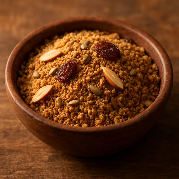 Coarse golden-brown ghar ka nishasta dry fruit powder in a wooden bowl with visible nuts and seeds
