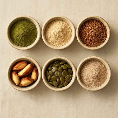 Six nutrient-dense whole foods in ceramic bowls addressing key nutritional deficiencies in urban India