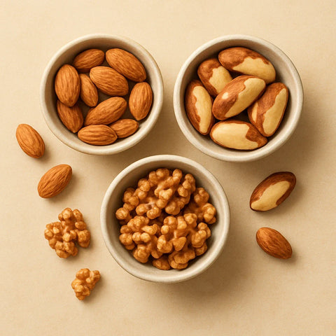 Mamra almonds, Brazil nuts, and walnuts in three ceramic bowls for daily nutrition