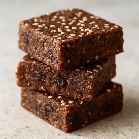 Dark brown prune raisin ragi no-bake bars stacked on a stone surface with sesame topping