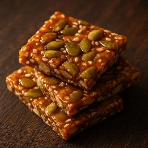 Amber jaggery chikki pieces on a dark board with pumpkin seeds and sesame seeds embedded