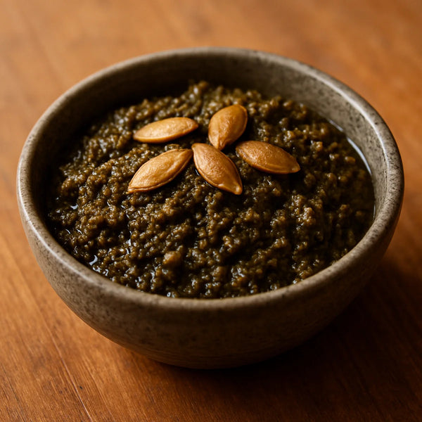Coarse dark greenish-brown pumpkin seed dry chutney in a stone bowl with roasted seeds on top