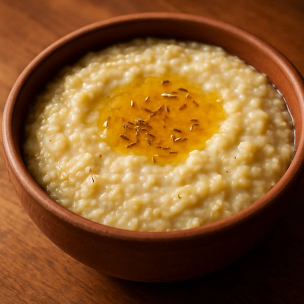 Creamy quinoa khichdi in a clay bowl with a pool of golden ghee and cumin seeds on top