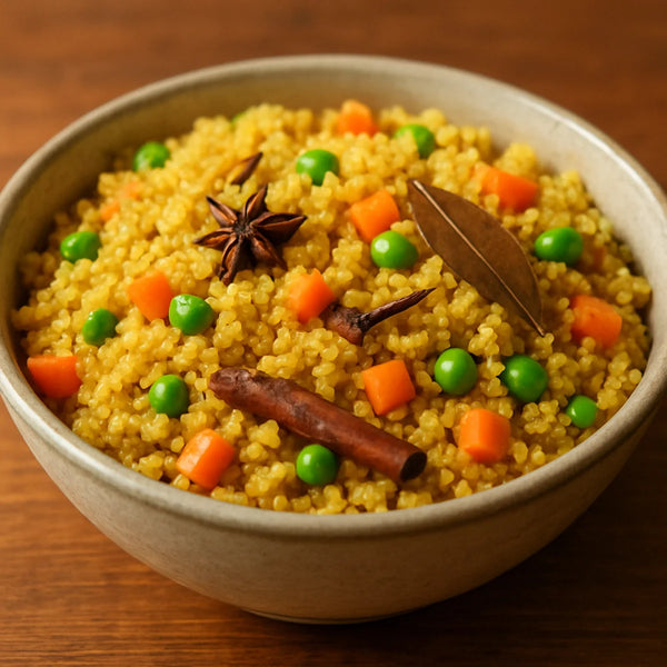Golden quinoa vegetable pulao in a serving bowl with whole spices, carrots and green peas