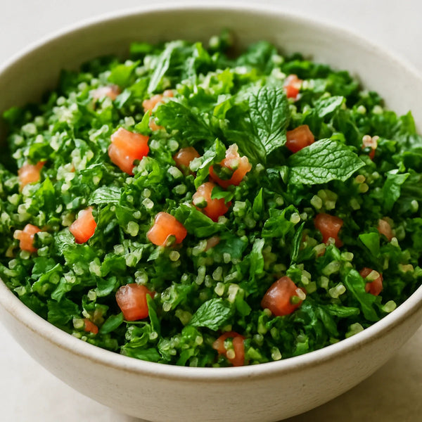 Vibrant green quinoa tabbouleh in a wide ceramic bowl with parsley, mint, tomato and quinoa
