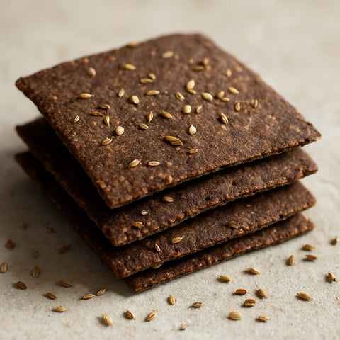 Stack of thin dark brownish-grey ragi crackers on stone with sesame seeds and ajwain on surface