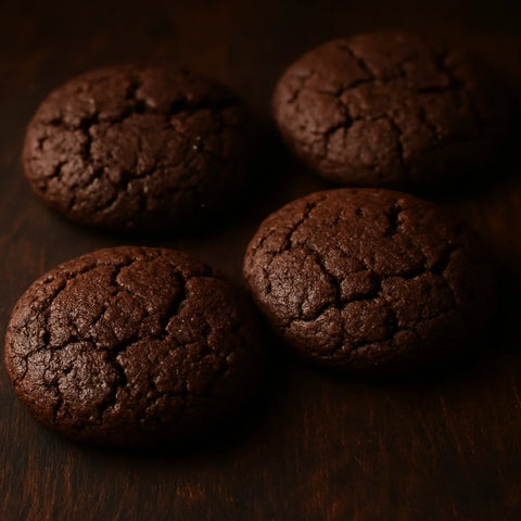 Very dark brown ragi chocolate cookies on a dark wooden board with slightly cracked surfaces