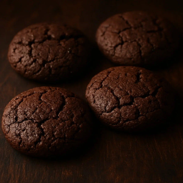 Very dark brown ragi chocolate cookies on a dark wooden board with slightly cracked surfaces