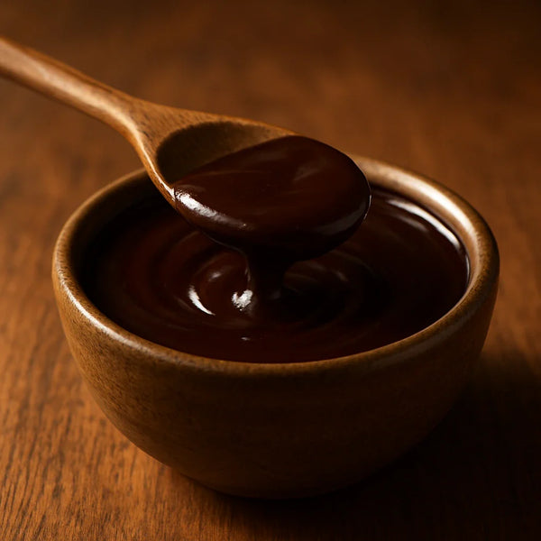 Thick dark ragi chocolate fudge sauce in a ceramic bowl with a wooden spoon