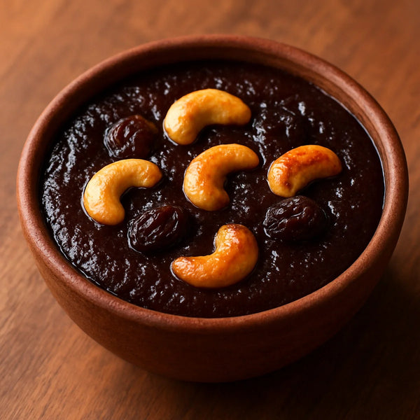 Deep dark brown ragi halwa in a clay bowl topped with golden cashews and dark raisins