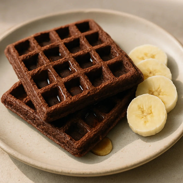Deep dark brown ragi waffles on a ceramic plate with amber honey drizzle and fresh banana slices