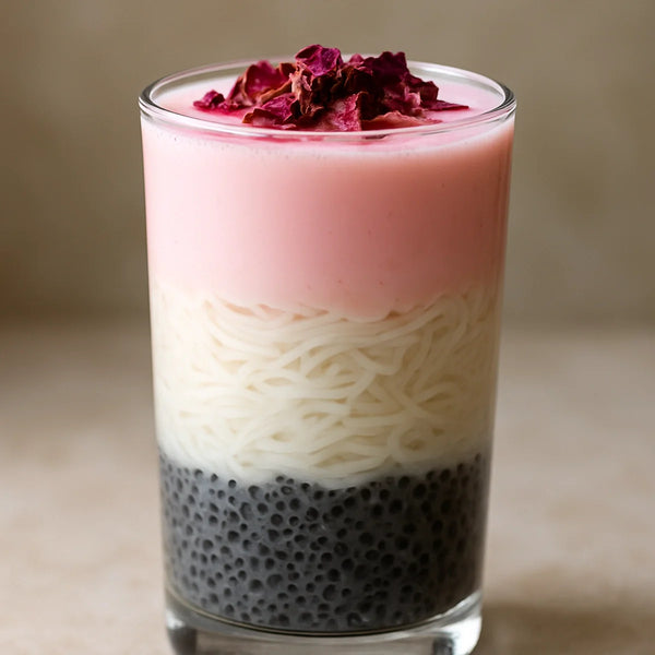 Tall glass of layered rose falooda with dark sabja seeds, white vermicelli and pale pink rose milk layers