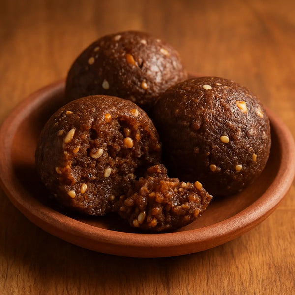 Dark brown royal dry fruit and seed ladoos on a clay plate with one broken to show texture