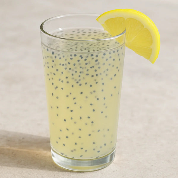 Pale lemon-yellow sabja nimbu sharbat in a tall glass with bloomed seeds and lemon wedge on the rim