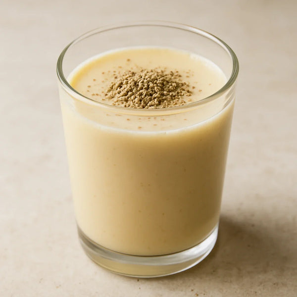 Creamy pale golden shatavari almond milk in a tall glass with seed powder on top