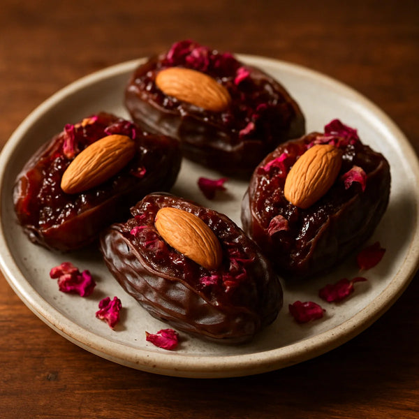 Stuffed medjool dates on a ceramic plate showing dark gulkand filling and whole mamra almond with rose petal garnish