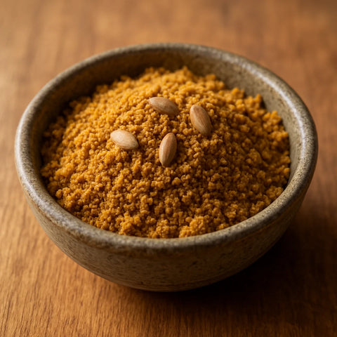 Coarse golden-brown sunflower seed chutney pudi in a stone bowl with roasted seeds on top