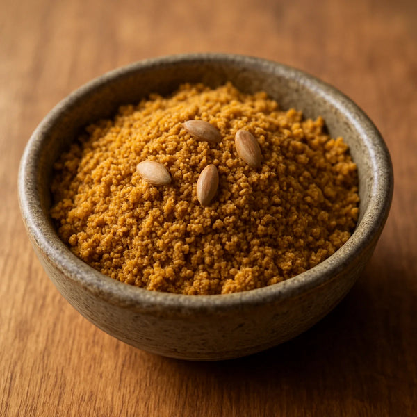 Coarse golden-brown sunflower seed chutney pudi in a stone bowl with roasted seeds on top
