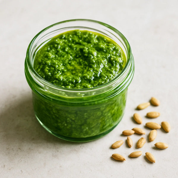 Vivid green sunflower seed pesto in a small open glass jar on a stone surface