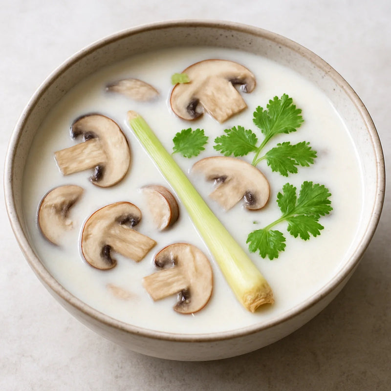 Creamy white Thai coconut soup in a wide ceramic bowl with mushrooms, lemongrass and fresh coriander