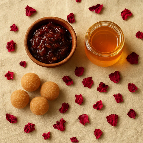 Traditional Indian gut health foods including gulkand, amla candy, and raw honey arranged together