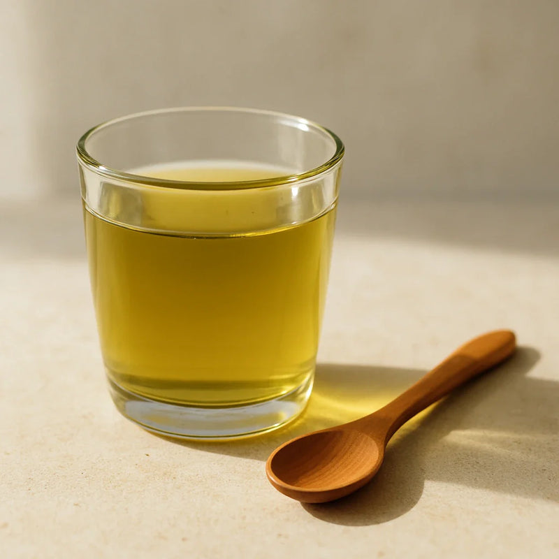 Warm golden-green triphala amla morning cleanser in a small glass on a stone surface