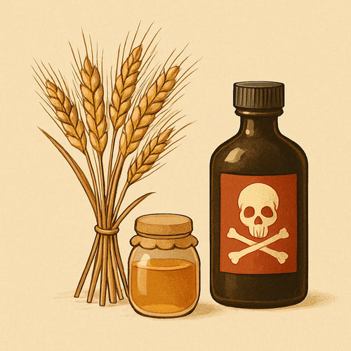 Wheat stalks and honey jar beside a chemical pesticide bottle with warning symbol showing the pesticide threat to Indian food supply