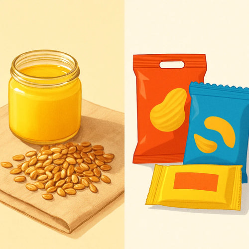 Split composition showing whole natural foods in warm light contrasting with ultra-processed packaged snacks in cold light