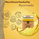 Earthen Story A2 Gir Cow Ghee benefits infographic showing Ayurvedic nourishment, digestion support, skin health, and omega-3 content