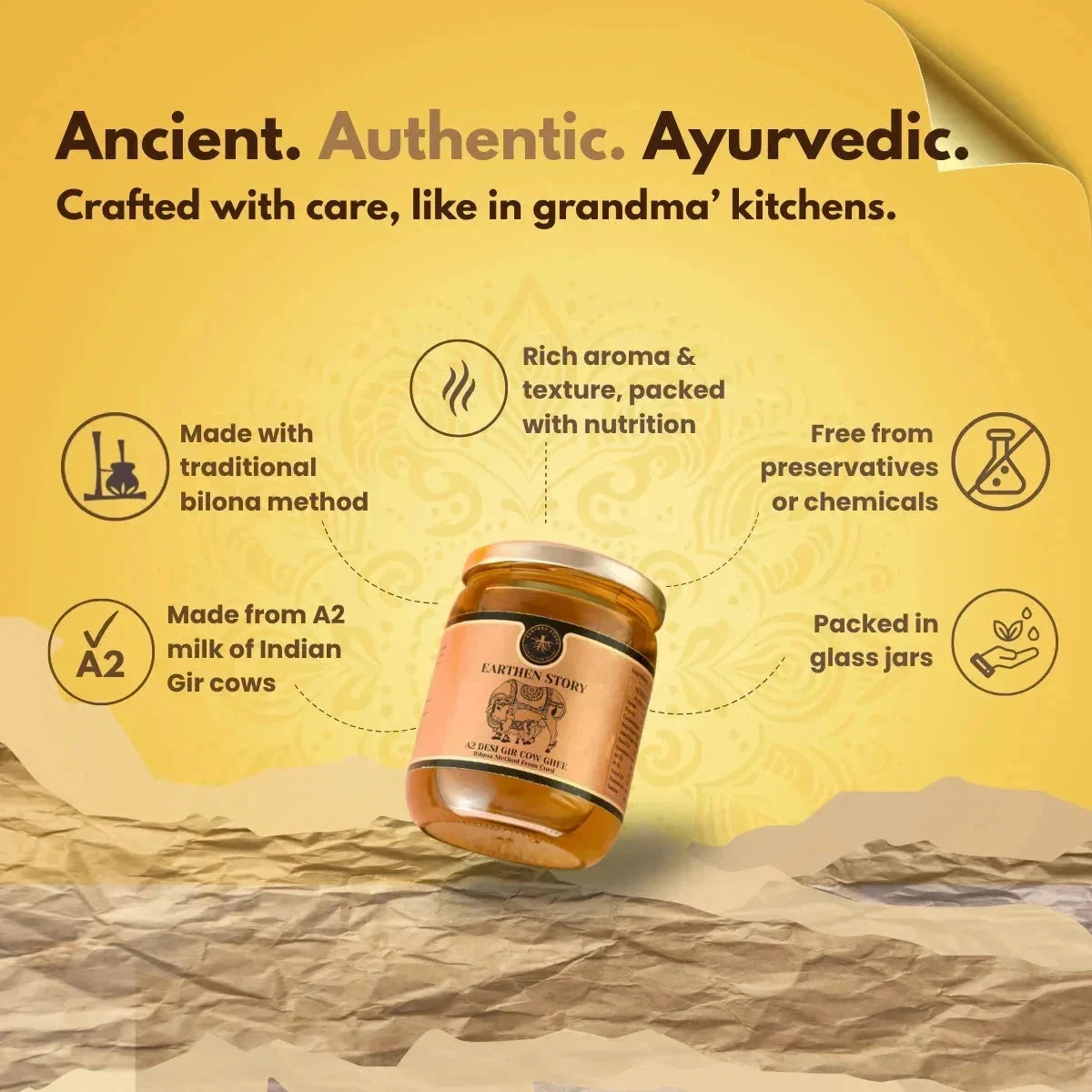 Earthen Story A2 Gir Cow Ghee product infographic highlighting traditional bilona method, A2 milk, glass jar packaging, and authentic ayurvedic qualities