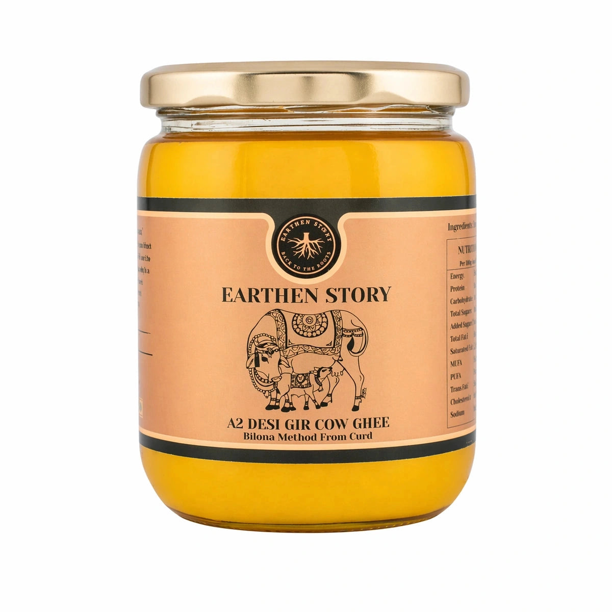 Earthen Story A2 Desi Gir Cow Ghee in glass jar with peach-colored label and decorative elephant design