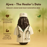 Ajwa dates health benefits infographic showing heart-supporting polyphenols and strength & tissue repair properties