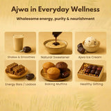 Ajwa dates everyday wellness uses including shakes, smoothies, natural sweetener, ice cream, energy bars, muffins, and healthy gifting options